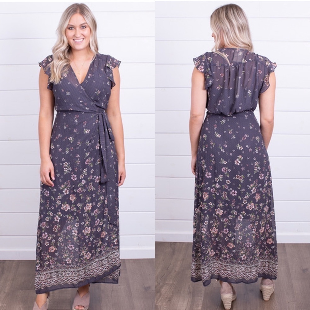 NWT lovestitch Charlotte dress grey floral maxi dress wrap dress sheer